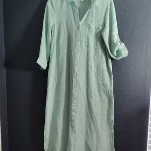 J. Jill Mint Green Cotton Button-Front Maxi Shirt Dress/Swim Coverup.